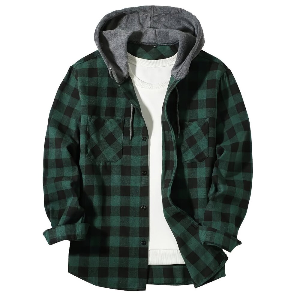 Men's Flannel Hoodie Jacket Casual Long Sleeve Button Down Plaid Shirt Green